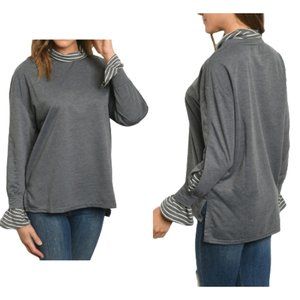 Very J Gray Sweater Layered Look Mockneck Split Sleeves Stripe NWT